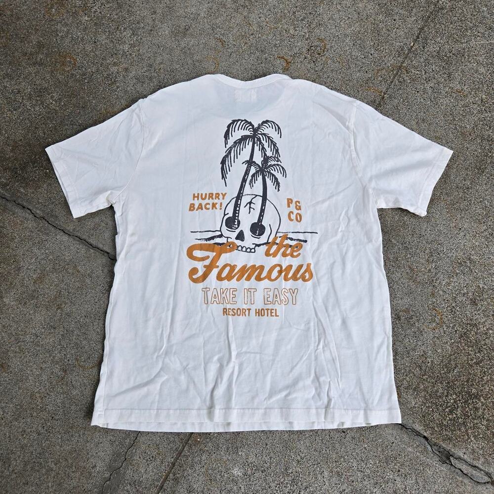 Vtg Y2k P&CO Take It Easy Resort Hotel Skull Palm Tree Graphic Tee shirt Lg